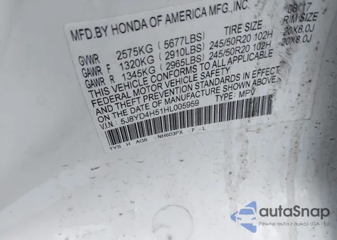 2017 Acura Mdx Technology Package z USA, uszkodzony, nr VIN 5J8YD4H51HL005959